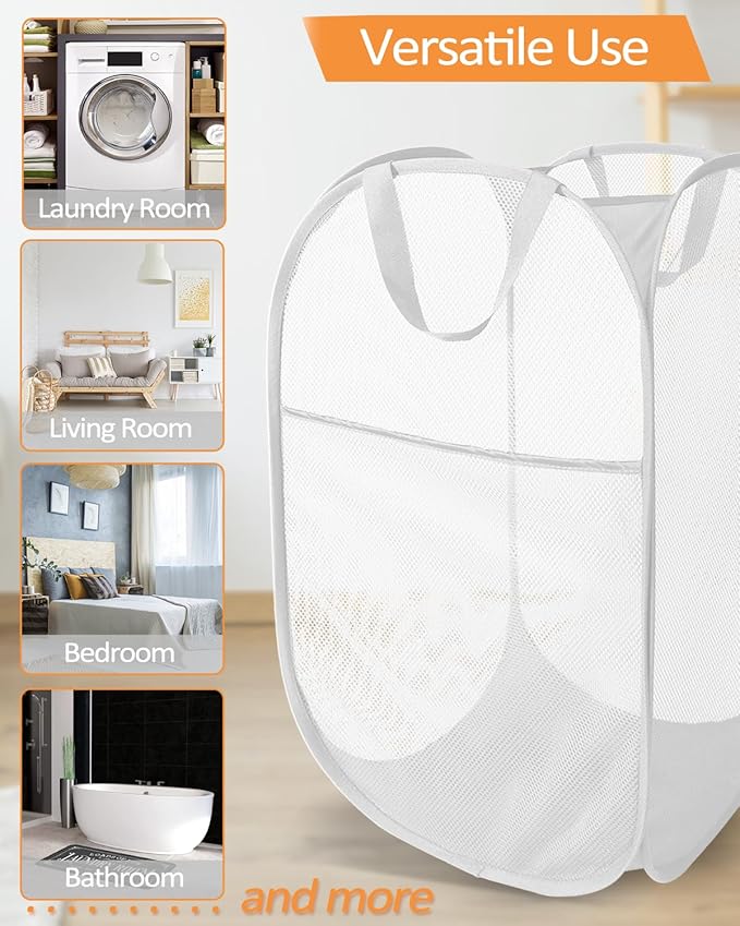 Durable Collapsible Laundry Baskets, Reinforced Mesh Pop Up Laundry Hamper, Foldable Clothes Hampers with Carry Handles for Laundry, Bathroom, Kids Room, Dorm or Travel White