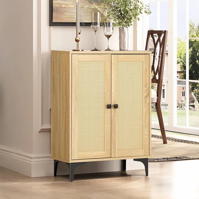 Rattan 4-Door Buffet Sideboard Storage Cabinet - Boho Kitchen Dining Console with Adjustable Shelves, Natural Rattan 48.4" W x 15" D x 33.4" H