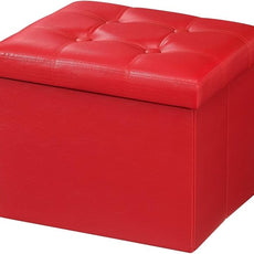 AmasSmile Storage Ottoman Folding Foot Rest Stool, Leather Footstool Bench, Short Ottoman Stool, Storage Foot Rest Store, Books (Red, 17