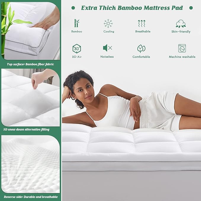GRT Pillowtop Mattress Topper Queen Size, Rayon from Bamboo Mattress Cover Padded with 900gsm 3D Snow Down Alternative Filling, Extra Thick Mattress Pad Queen for Back Pain