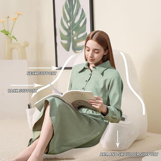 Reading Pillow for Sitting in Bed, Large Backrest Reading Pillow with Arm Rest,Back-Rest Support Cushion for Sit Up on Couch, Sofa, and Floor, Dorm Essentials (White Faux Fur, Standard(17"))