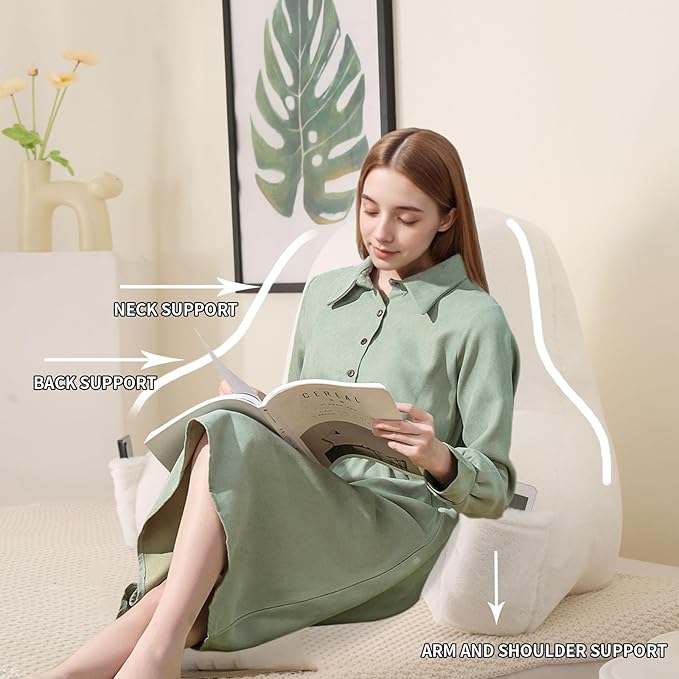 Reading Pillow for Sitting in Bed, Large Backrest Reading Pillow with Arm Rest,Back-Rest Support Cushion for Sit Up on Couch, Sofa, and Floor, Dorm Essentials (White Faux Fur, Large(19"))