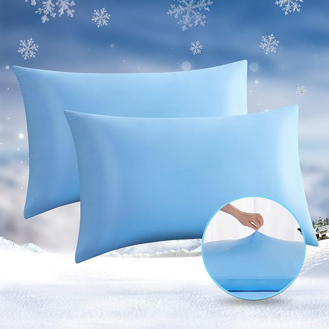 Avolare Cooling Pillow Cases, Arc-Chill Q-max>0.5 Cool Pillowcases for Hot Sleepers, Soft Silky 20" x 30" Summer Pillow Cover with Zipper (Blue, Standard & Queen Size)