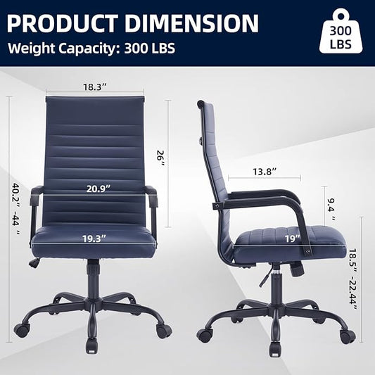 Office Chair, Ergonomic Executive Conference Room Chairs, Ribbed Leather Desk Chair with Lumbar Support, Adjustable Height Mid-Back Swivel Chair with Padded Seat and Square Tube Armrests