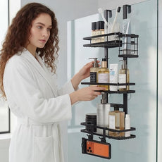 Over the Door Shower Caddy Hanging, Rustproof Shower Shelves with Waterproof Phone Pouch, 3-Tier Adjustable Bathroom Organizers and Storage, No Drilling Shower Shelf, Black Shampoo Soap Holder