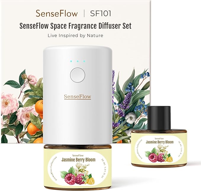 SF101 Pro Waterless Plug-In Air Freshener, 100% Plant-Based Ultrasonic Diffuser, Adjustable 120-Day Scent Air Mist, Covers 100㎡ for Home, Hotel-Jasmine Berry Bloom