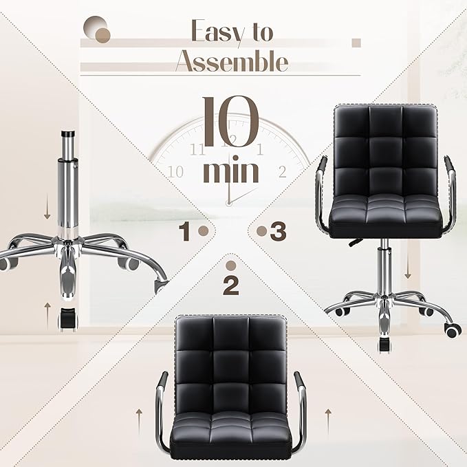 Furmax Mid-Back Office Task Chair Ribbed PU Leather Executive Chair Modern Adjustable Home Desk Chair Retro Comfortable Work Chair 360 Degree Swivel with Arms (Black)