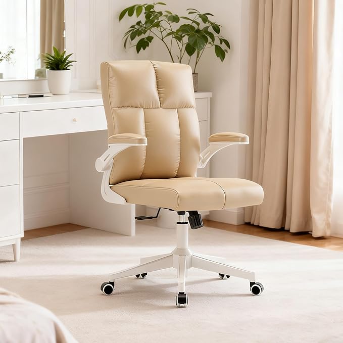 Ergonomic Home Office Desk Chair with Space Saving Flip-Up Arms, 360° Swivel & Reclining Back, High-Back Executive Chair in Soft Faux Leather Chair Multi-Angle from 90° to 135°with 450LBS Capacity