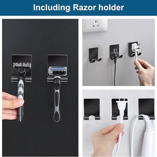 Diesisa Razor Holder 304 Stainless Steel for Shower + Adhesive Sticky Heavy Duty Waterproof Wall Hooks, Premium for Hanging Towels, Coat, hat (2+2 Pack) - Black