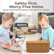 Cable Management Box, Handmade Rattan Cable Organizer, 2 Open Slots Cords Hider Box, Under Desk Cord Organizer for Computer Router USB Hub & Power Strip, Patent Pending, 15.9