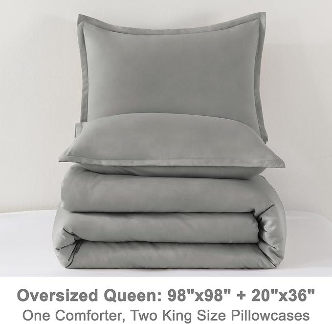 Litanika Comforter Set, Lightweight Solid Bedding Comforter Set, Fluffy Down Alternative Bed Set, Midium Grey, Oversized Queen