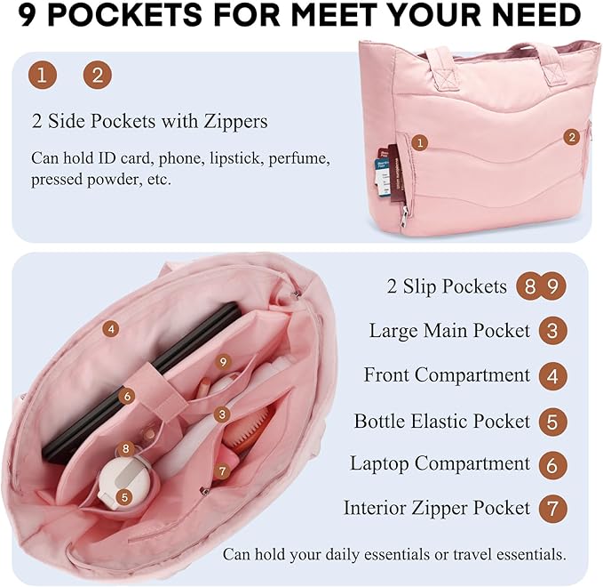 Skycase Puffer Tote Bag for Women - Lightweight Puffy Work Handbag- Large Laptop Quilted Shoulder Bag for Daily, Travel, Gym