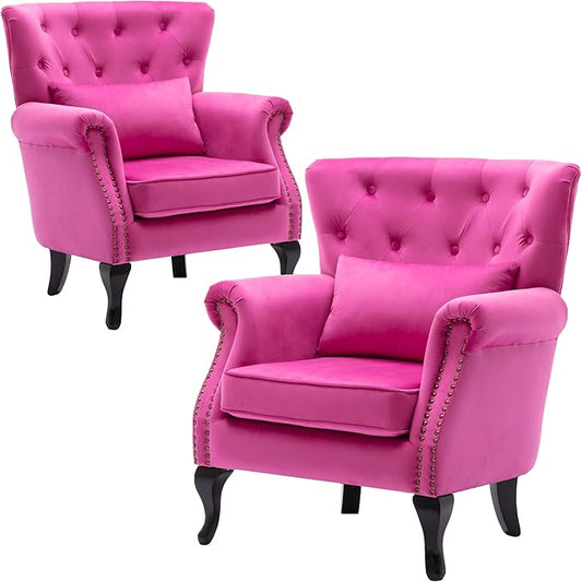 Set of 2 Mid-Century Modern Accent Chair, Velvet Armchair w/Tufted Back/Wood Legs, Upholstered Lounge Arm Chair Single Sofa for Living Room Bedroom, Rose Pink