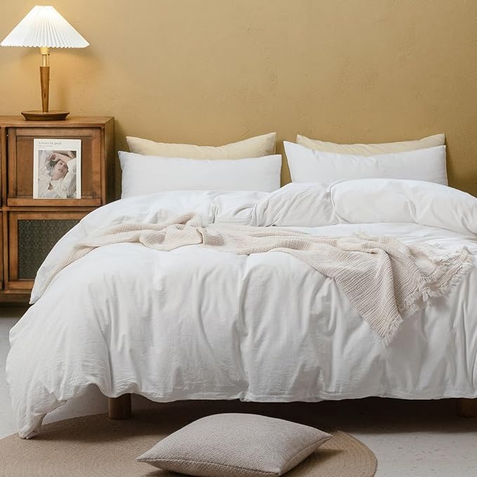 FOSSA White Duvet Cover Set, 100% Washed Cotton Linen Feel Super Soft Breathable Cozy 3 Pieces Bedding Sets Solid Off White King