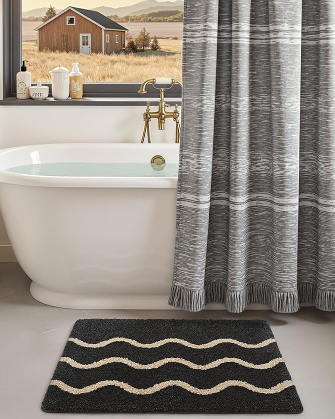 DEXI Wave Striped Bathroom Rug Washable, 20x32 Non Slip Bath Mat Absorbent, Ultra Soft Plush Microfiber Bathmat Quick Dry for Shower Floor, Tub, Sink, Black