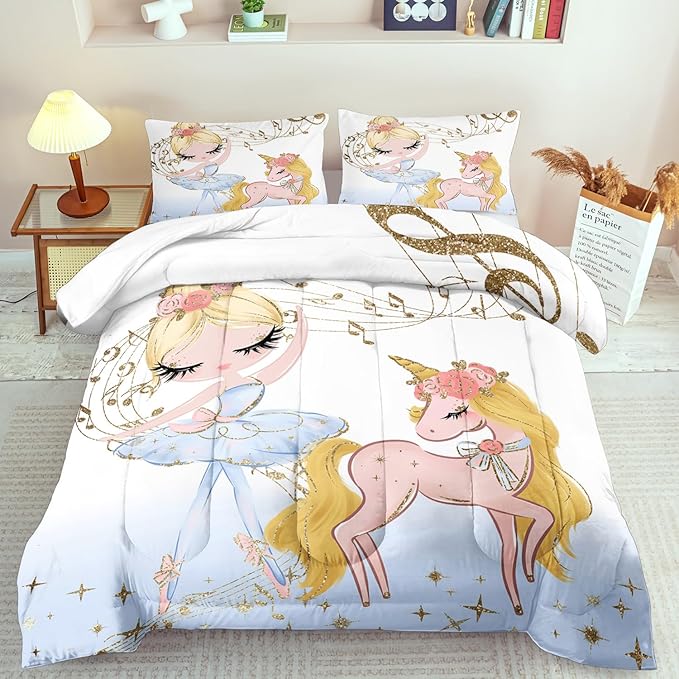 Golden Unicorn Girls Comforter Set King Kawaii Unicorn Bedding Set KingCute Horse Comforter Girls Bedroom Decor White Animal Print Bedding Bed Decor Animal Print Quilt