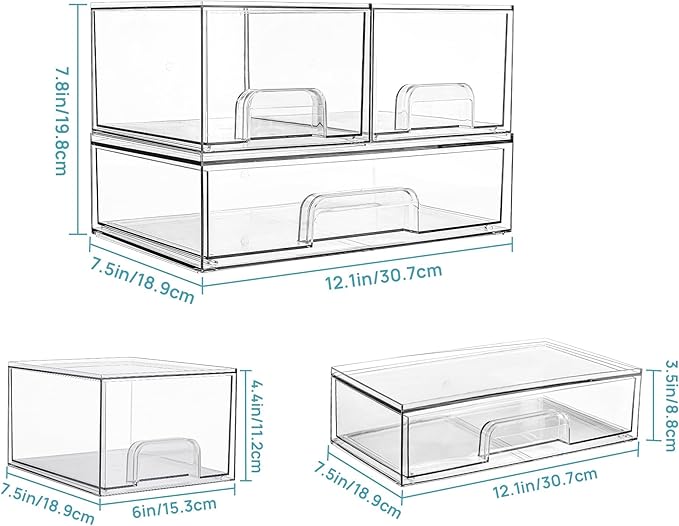Vtopmart Stackable Storage Drawers Set of 3,Clear Plastic Organizer Bins for Makeup, Cosmetics, Beauty Supplies,Ideal for Vanity, Bathroom,Cabinet,Pantry Organization