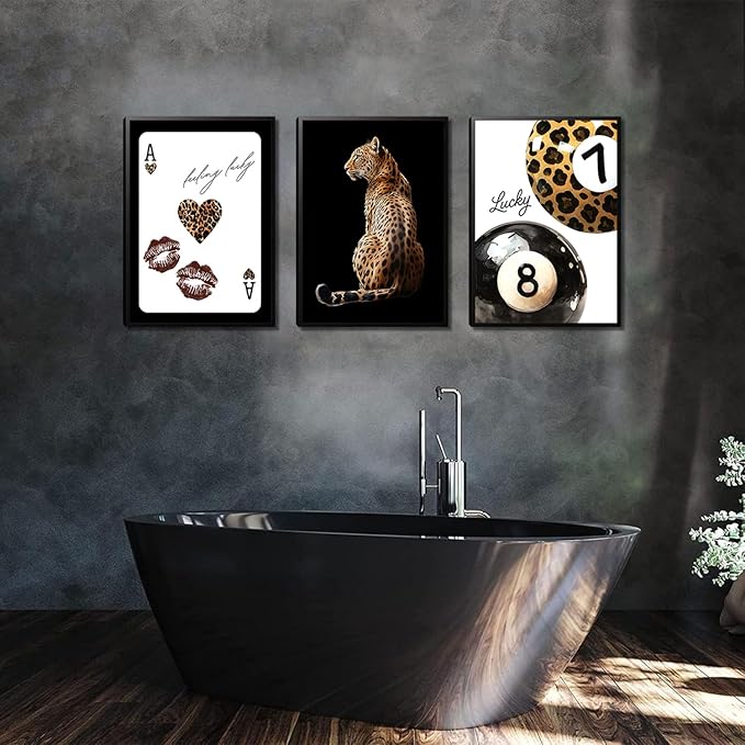 Trendy Leopard Wall Art Set of 3，Funky Lucky 8 Ball Wall Decor Paintings，Cheetah Preppy Room Posters Prints Pictures for Bedroom Living Room 12x16 inch Framed