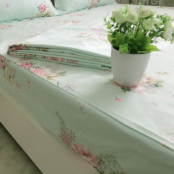 FADFAY Green Floral Bed Sheet Set Cotton Sheets 4-Piece Full Size