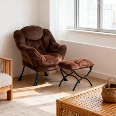 HollyHOME Lazy Chair with Foldable Ottoman, Accent Comfy Lounge Armchair and Folding Footrest Stool, Leisure Sofa Reading Chair and Footstool for Living Room, Bedroom, Dorm,Faux Fur Dark Coffee