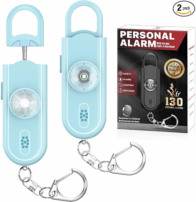 Personal Safety Alarm Keychain for Women 2PCS -130 dB Loud Siren with SOS Strobe Light, Flashlight, Double Speakers, Safe Defense Key Chain for Girls Kids Elders Emergency Call