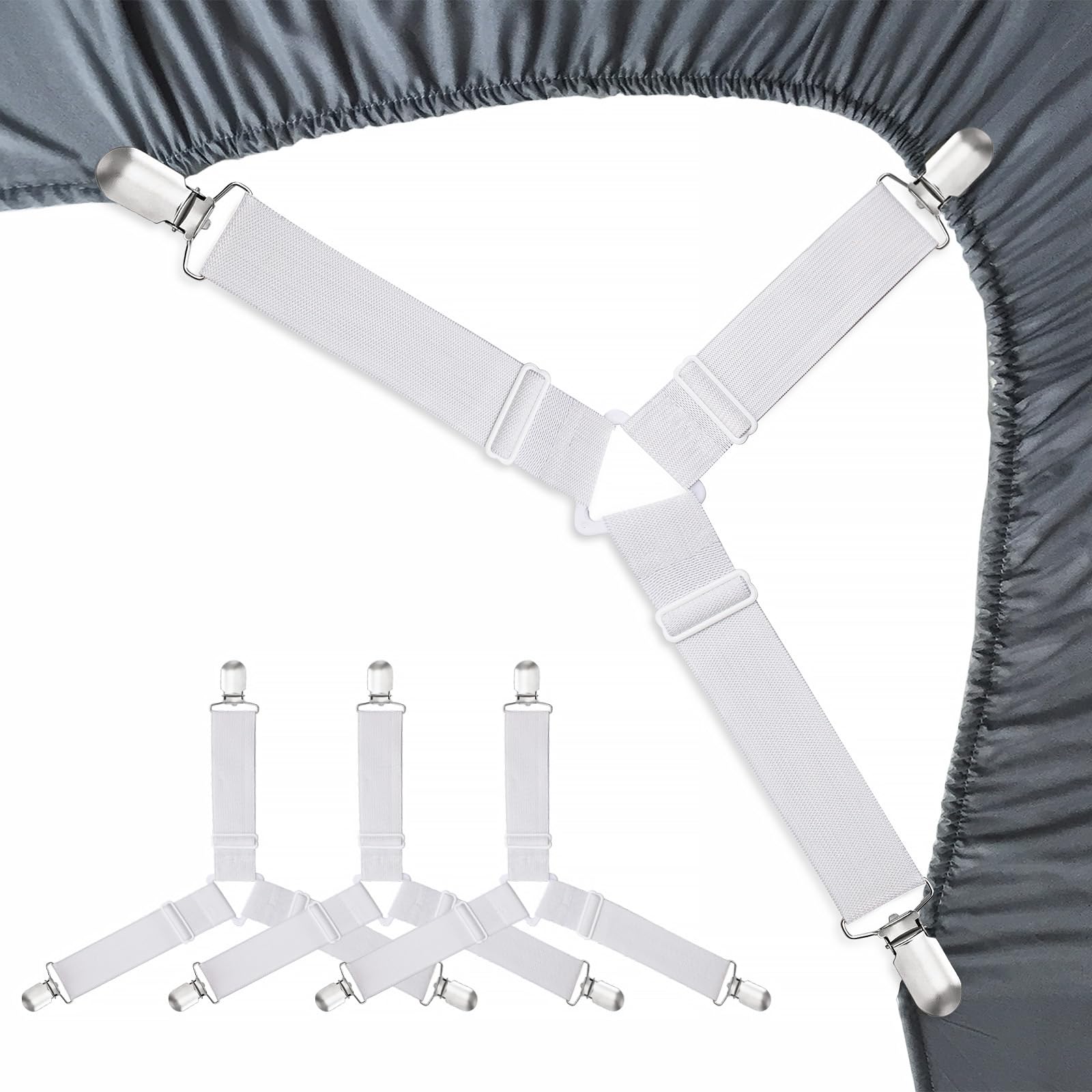 Bed Sheet Fasteners, Adjustable Mattress Suspenders, Mattress Cover Straps, Bed Corner Holder and Keepers and the Bed Sheet Grippers Clips (Triangle White Set of 4) Dormly