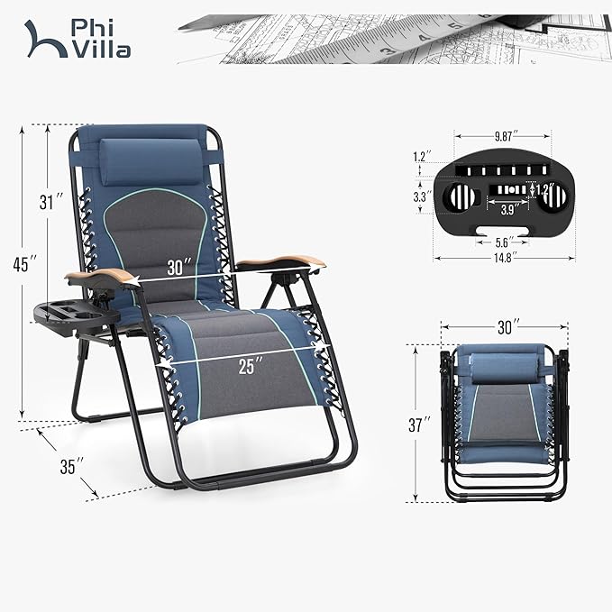 PHI VILLA XXL Oversized Padded Zero Gravity Chair Set of 2, Foldable Patio Recliner, 30" Wide Seat Anti Gravity Lounger with Armrest and Cup Holder, Support 400 LBS (Blue Accents)