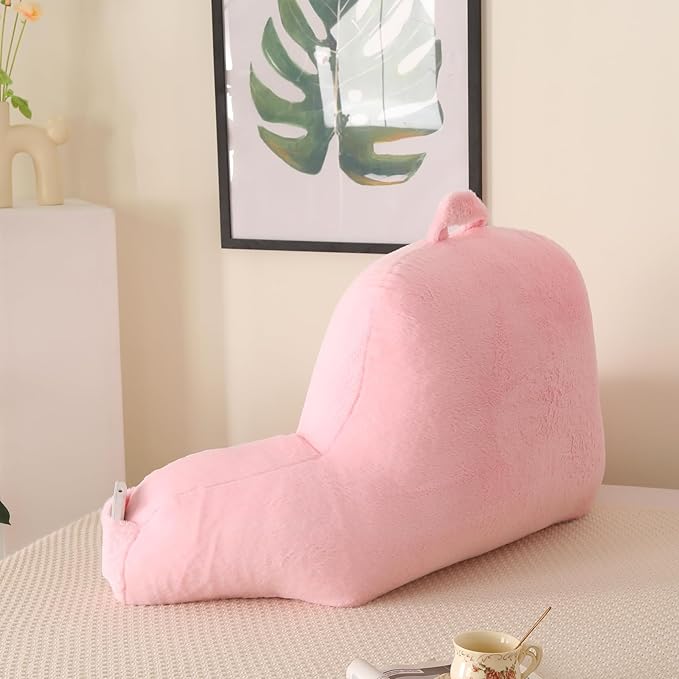 Reading Pillow for Sitting in Bed, Large Backrest Reading Pillow with Arm Rest,Back-Rest Support Cushion for Sit Up on Couch, Sofa, and Floor, Dorm Essentials (Pink Faux Fur, Standard(17"))
