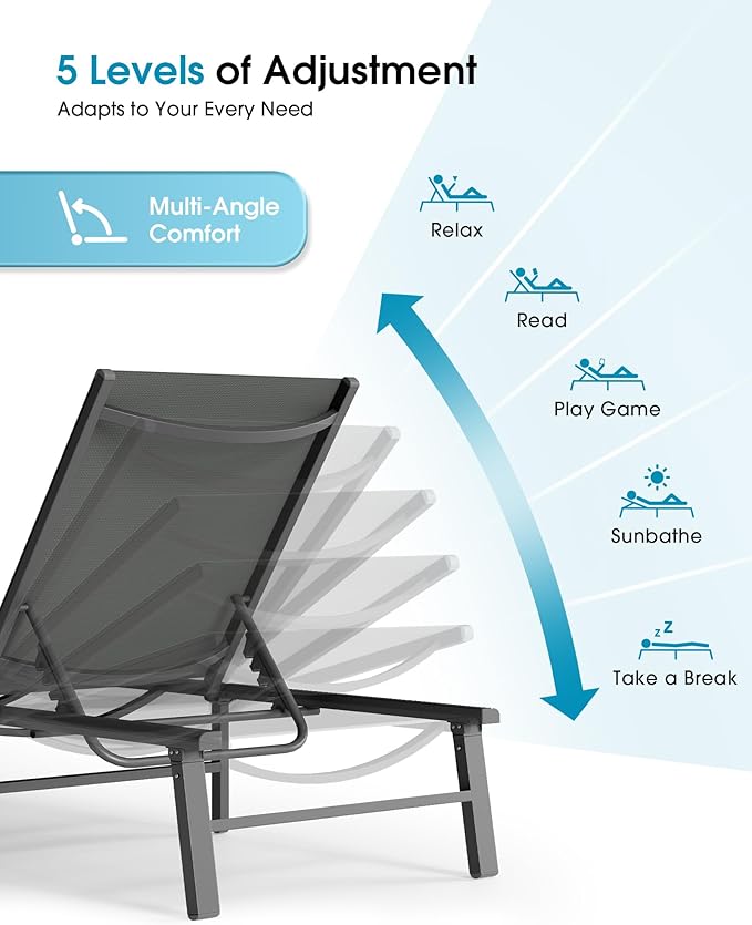 Ciokea Aluminum Outdoor Lounge Chair Set of 4- No Assembly Needed, Foldable Patio Chaise Lounge with 5 Adjustable Positions, Reinforced Frame for Extra Durability, Pool Beach Lounge Chair,Grey