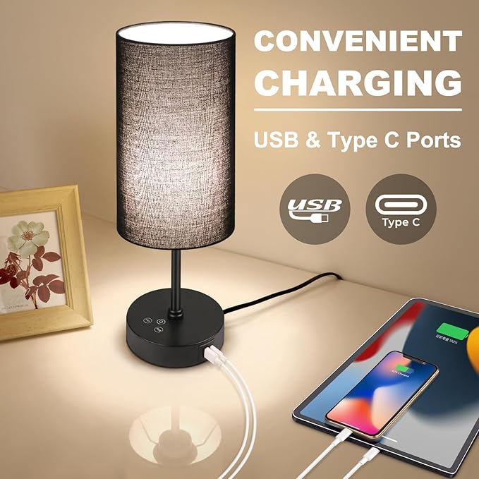 Unicozin Table Lamp for Bedroom, 3 Color Temperatures, 7 RGB Colors, Adjustable Brightness, Dual USB Charging Ports, Ambience Nightstand Light with Black Shade, Desk Lamp for Kids Reading Home Office