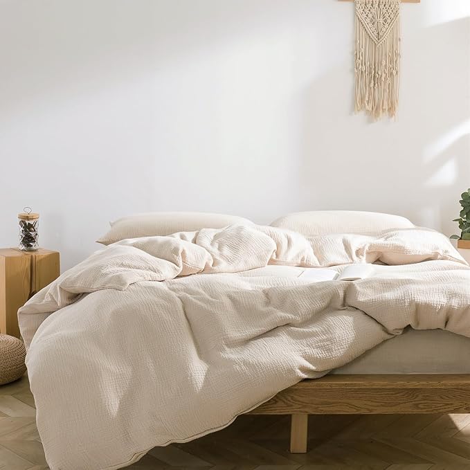 VM VOUGEMARKET 100% Cotton Muslin Duvet Cover King Size 3-Layer Guaze Textured Off-White Bedding Set,Ultra Soft Breathable Textured Linen Like Comforter Cover with Zipper&Ties-Oatmeal