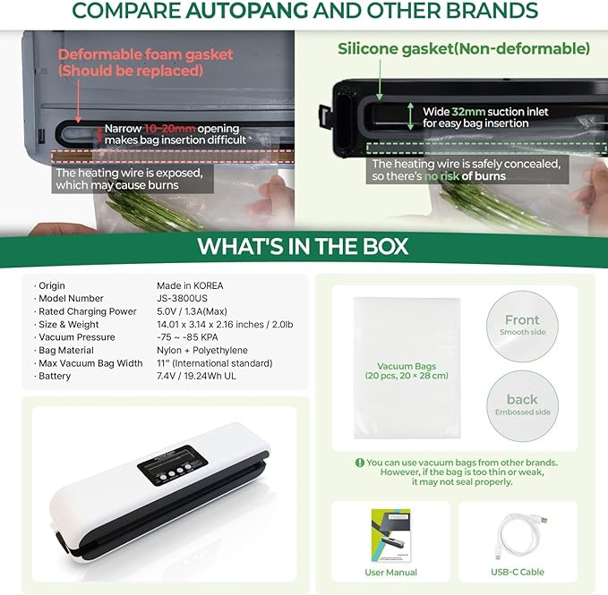 Cordless Vacuum Sealing Machine 85Kpa Powerful Suction One-Touch Operation No Lid Pressing Required - Compact Food Preservation for Home Use with 20 Pre-Cut Pouches