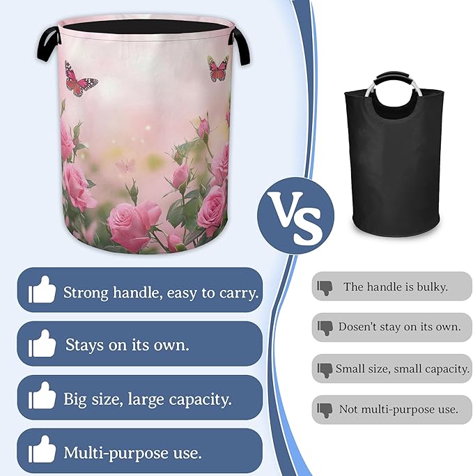 Butterfly Laundry Basket,Oxford Cloth Pink Rose Laundry Hamper With Handle Foldable Portable Clothes Storage Basket for Laundry Room/Bedroom/Bathroom 20.8"x16"