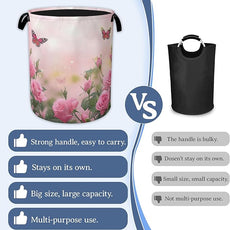 Butterfly Laundry Basket,Oxford Cloth Pink Rose Laundry Hamper With Handle Foldable Portable Clothes Storage Basket for Laundry Room/Bedroom/Bathroom 20.8