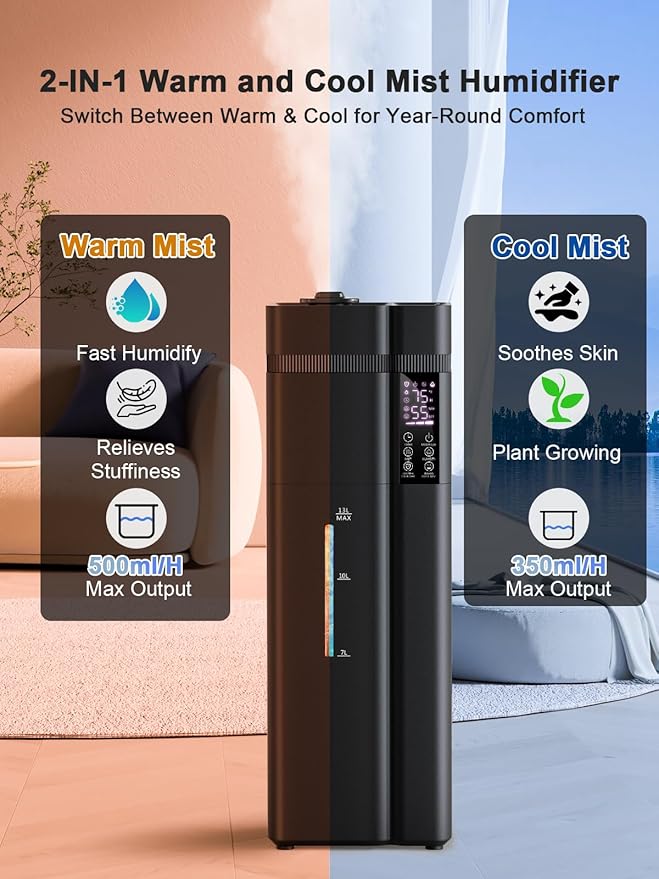 13L/3.4Gal Humidifiers for Bedroom, Ultrasonic Warm & Cool Mist Humidifier Large Room, Covers 800ft², 72H Runtime, 24H Timer, 3 Mist Modes Top Fill Quiet Humidifiers for Home, Office, Black