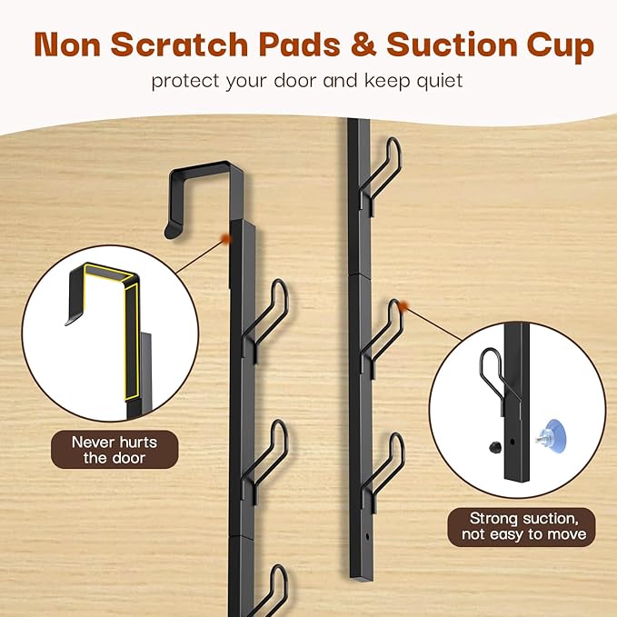 Over The Door Hooks Long with 6 Hooks, Behind The Door Towel Racks for Bathroom, Door Purse Bag Coat Robe Hanger, Hat Clothes Hanging Organizer with Non-Slip Pads & Suction Cups, 28.3 Inches, Black