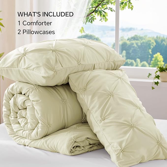 BEDELITE Beige Queen Comforter Set - 3 Pieces Boho Pintuck Bedding Comforter Sets, Lightweight Soft & Warm Bed Comforter Queen with 2 Pillowcases for All Season