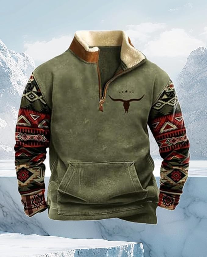 Western Sweatshirts for Men Aztec Cowboy Vintage Graphic Fleece Hoodie Mens Quarter Zip Pullover Country Jacket