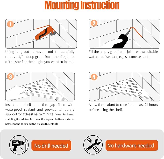 Corner Shower Shelf with Razor Hole, Modern Sturdy Shower Caddy, 10" 304 Stainless Steel Shower Organizers Bathroom Shelf for Tile Wall, No Drilling Grout Mount Shelf for Shower,Bathroom Accessories