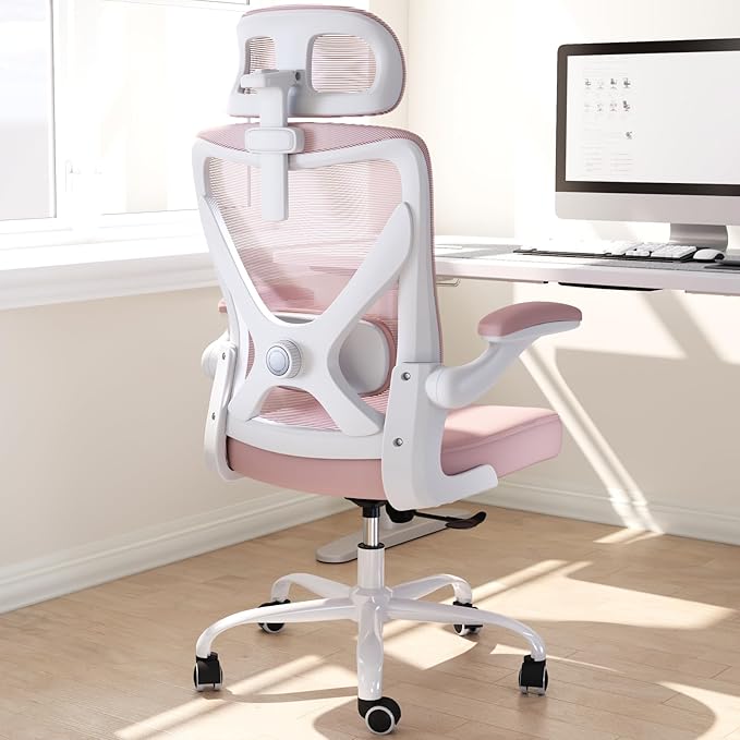 Pink Ergonomic Office Chair: Mesh Desk Chair Comfy with Adjustable Lumbar Support 330lbs High Back Computer Gaming Chair - Big and Tall Office Chairs with Headrest - Adults Home Office