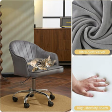 MOJAY Modern Vanity Chair with Wheels, Mid-Back Cutout Velvet Home Office Chair, Swivel Height-Adjustable Soft Seat Cute Desk Chair with Arm Support (Dove Grey)