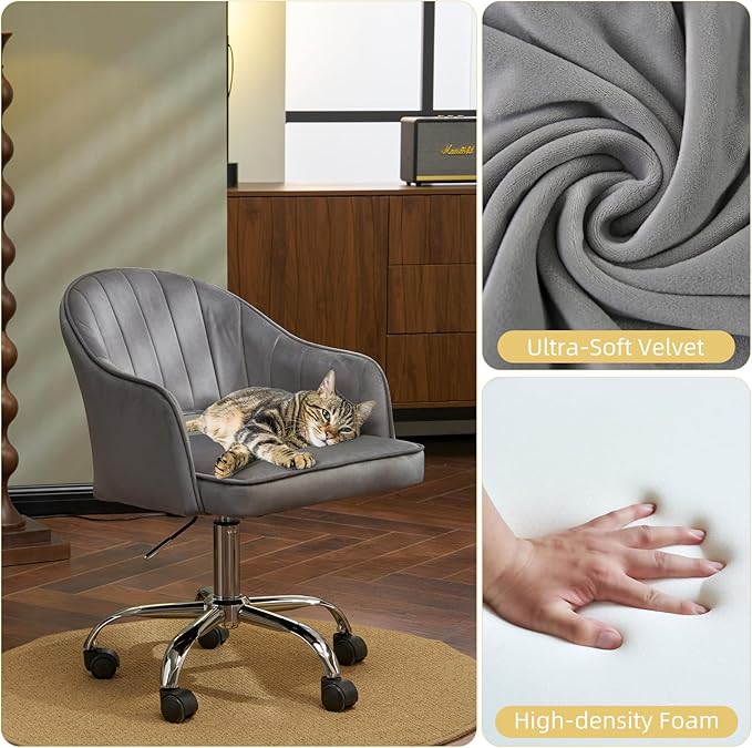 MOJAY Modern Vanity Chair with Wheels, Mid-Back Cutout Velvet Home Office Chair, Swivel Height-Adjustable Soft Seat Cute Desk Chair with Arm Support (Dove Grey)