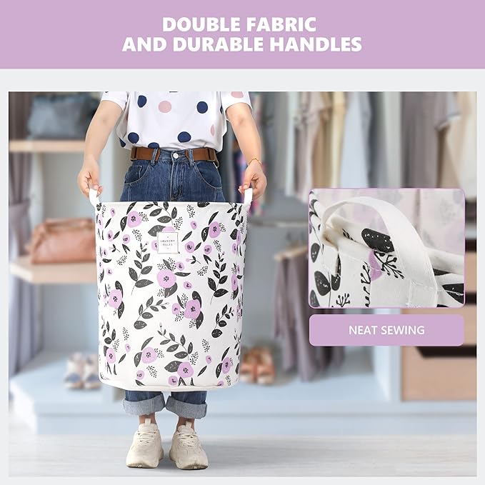 Large Foldable Laundry Basket Organizer Holder portable tall collapsible laundry hamper nusery Storage Basket Bin with Handles Canvas & Waterproof lining for Household Items (Floral Purple)