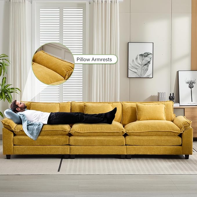 120" Modular Sectional Sofa, Comfy Cloud Couch Sectional Sofa, Chenille Sofa Sleeper Deep Seat Sofa with Throw Pillows for Living Room (Yellow, 120"- 3 Seater)
