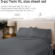 Threadmill 100% Cotton Sheets for Twin XL Size Bed - 600 Thread Count Twin XL Bed Sheets Set with 15” Deep Pocket - Sateen Weave 3-Piece Bedding Set with Cooling Effect, Dark Grey