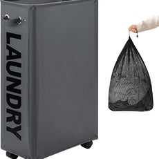DOKEHOM 29-Inches Enlarged Slim Laundry Basket with Removable Wash Bag on Wheels, Collapsible Rolling Laundry Hamper, Foldable Narrow Corner Clothes Storage Bins (Dark Grey)