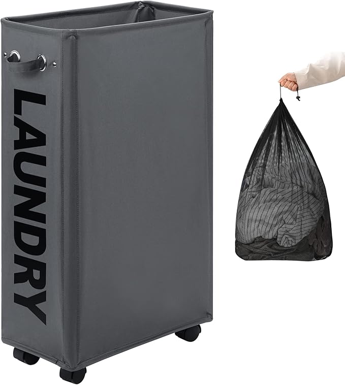 DOKEHOM 29-Inches Enlarged Slim Laundry Basket with Removable Wash Bag on Wheels, Collapsible Rolling Laundry Hamper, Foldable Narrow Corner Clothes Storage Bins (Dark Grey)