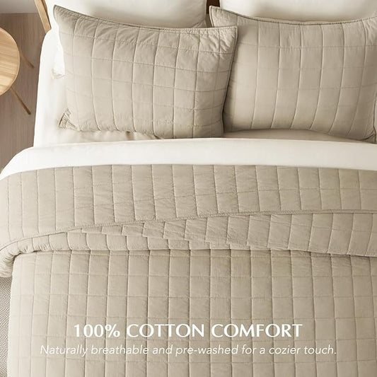 EVERGRACEHOME 100% Cotton Box Stitch Quilt Bedding Set King Size 3 Pieces, Garment-Washed Lightweight Soft Cozy Coverlet, Oversized Quilted Bedspread Sets with 2 Shams for All Season, Pebble Khaki