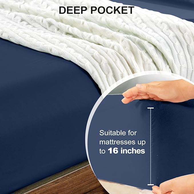 FreshCulture California King Fitted Sheet Only - Hotel Quality Fitted Sheet - Ultra Soft & Breathable - Brushed Microfiber - Deep Pocket - Cooling Fitted Sheets for Cal King Size Bed (Navy Blue)