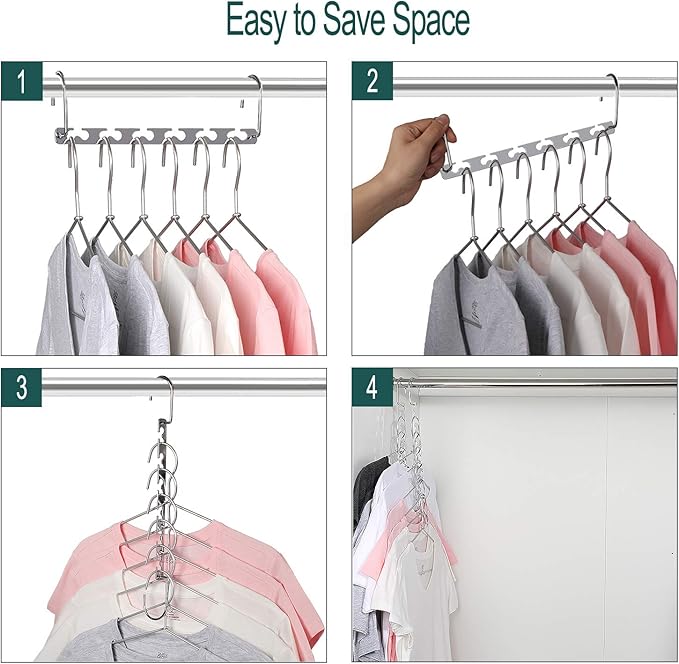 Meetu Space Saving Hangers - Metal Clothes Hangers with 6X2 Slots, Magic Cascading Design, Updated Hooks (Pack of 6)